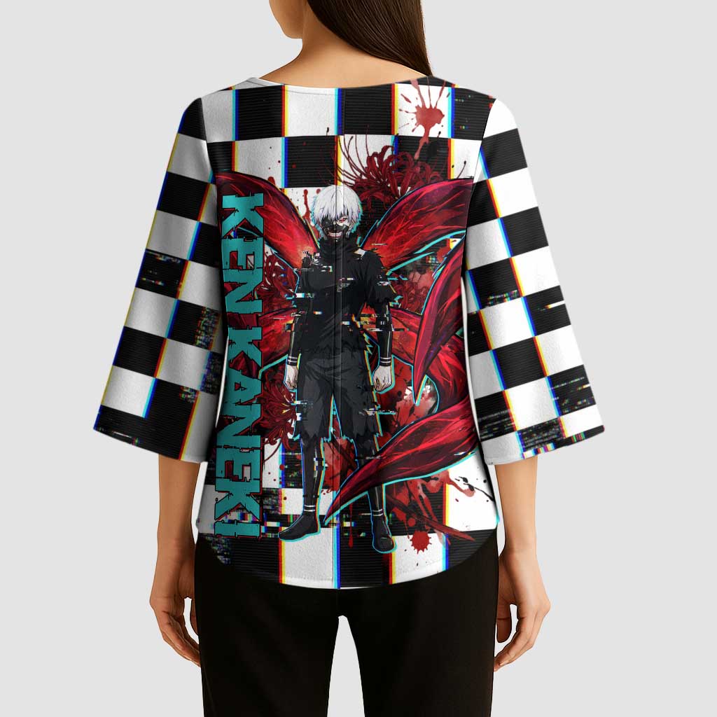 Tokyo Ghoul Kaneki Ken Kimono Sleeve Blouse Glitchcore Anime Style with Dark Checker Pattern
