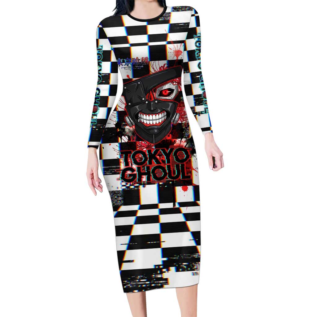 Tokyo Ghoul Kaneki Ken Long Sleeve Bodycon Dress Glitchcore Anime Style with Dark Checker Pattern