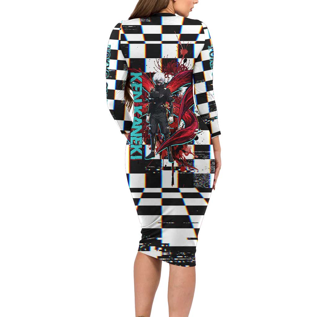 Tokyo Ghoul Kaneki Ken Long Sleeve Bodycon Dress Glitchcore Anime Style with Dark Checker Pattern