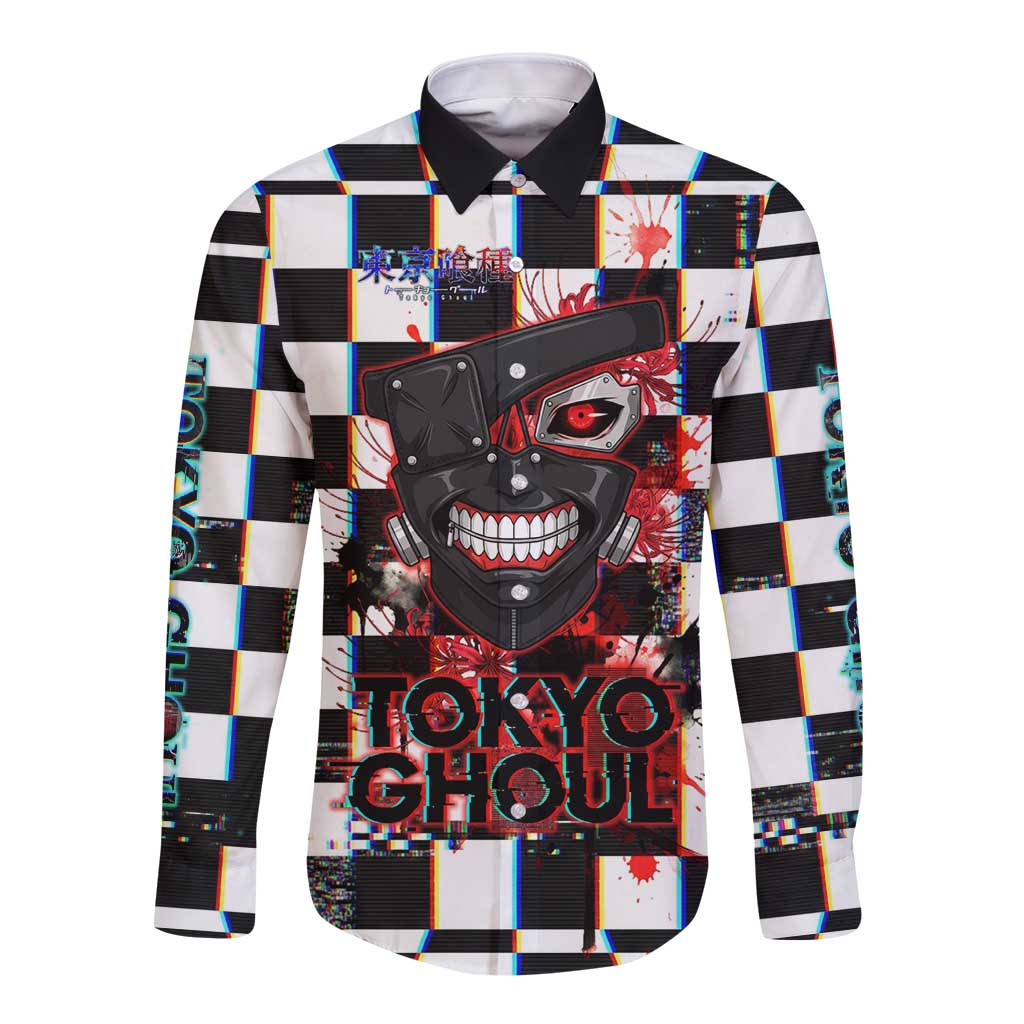 Tokyo Ghoul Kaneki Ken Long Sleeve Button Shirt Glitchcore Anime Style with Dark Checker Pattern