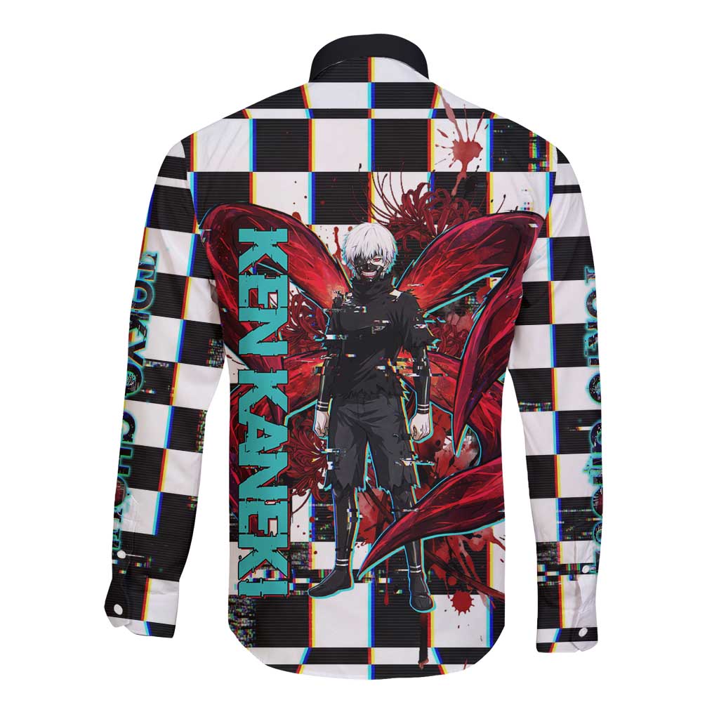 Tokyo Ghoul Kaneki Ken Long Sleeve Button Shirt Glitchcore Anime Style with Dark Checker Pattern