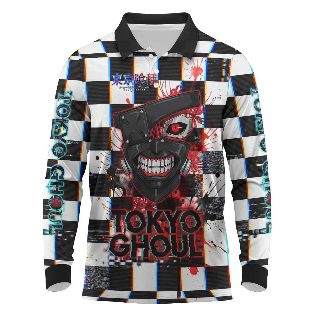 Tokyo Ghoul Kaneki Ken Long Sleeve Polo Shirt Glitchcore Anime Style with Dark Checker Pattern