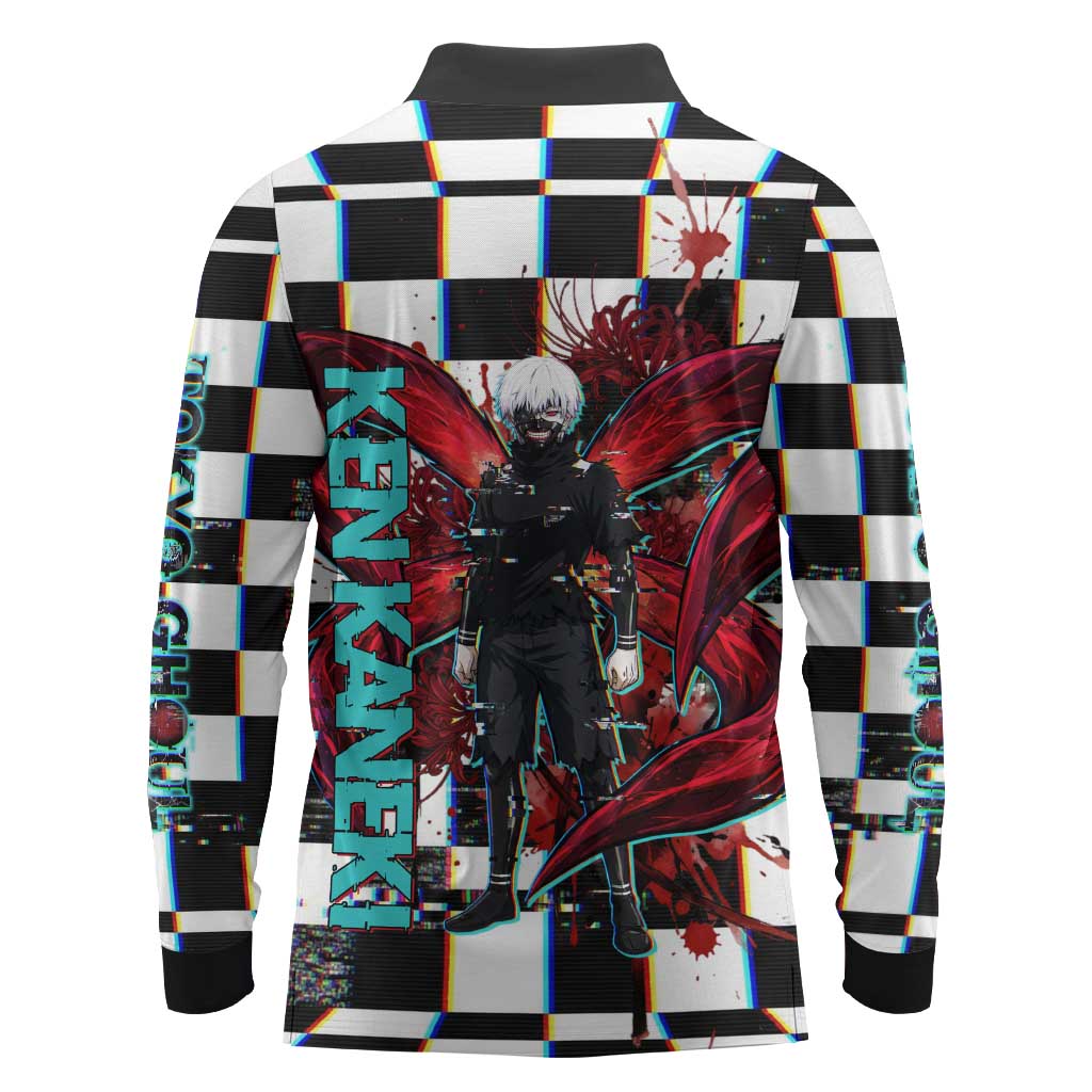 Tokyo Ghoul Kaneki Ken Long Sleeve Polo Shirt Glitchcore Anime Style with Dark Checker Pattern
