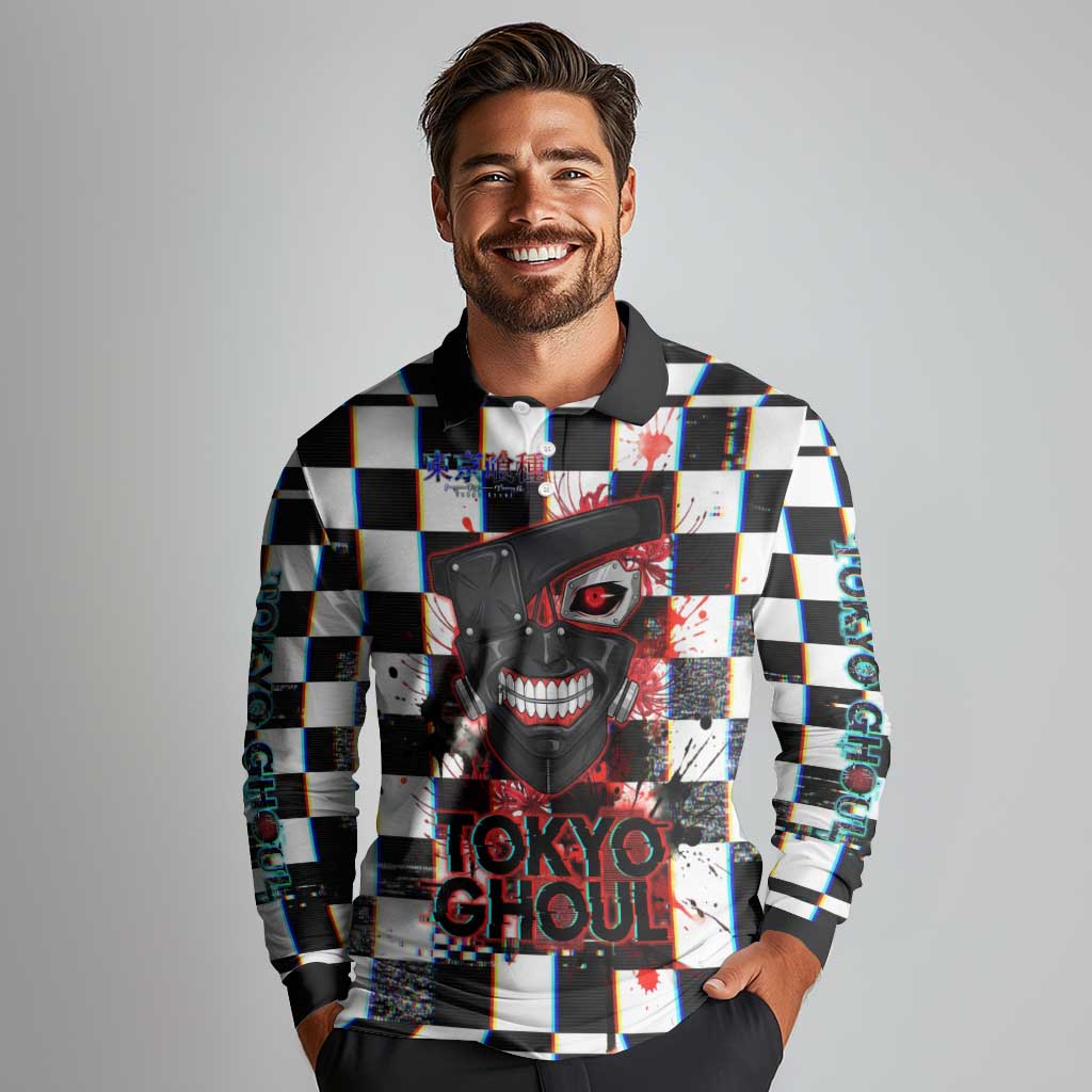 Tokyo Ghoul Kaneki Ken Long Sleeve Polo Shirt Glitchcore Anime Style with Dark Checker Pattern