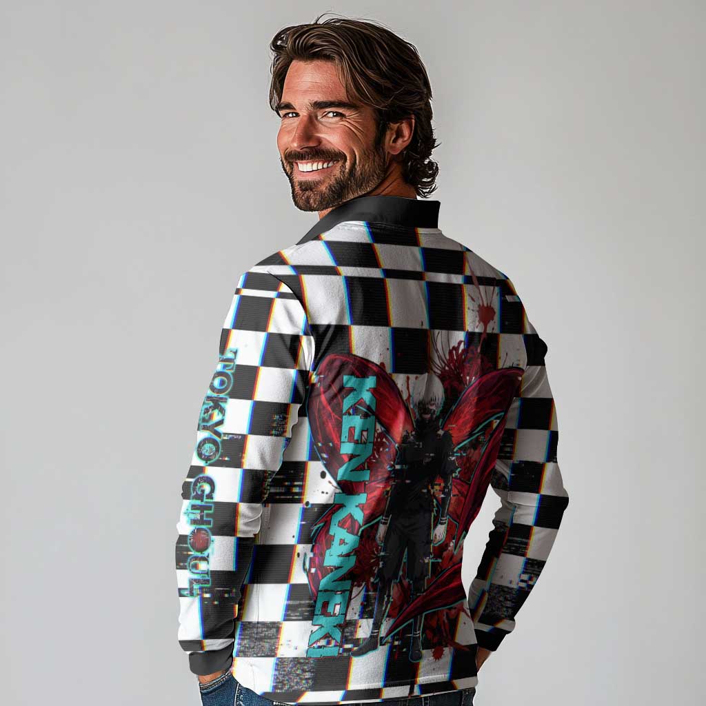 Tokyo Ghoul Kaneki Ken Long Sleeve Polo Shirt Glitchcore Anime Style with Dark Checker Pattern