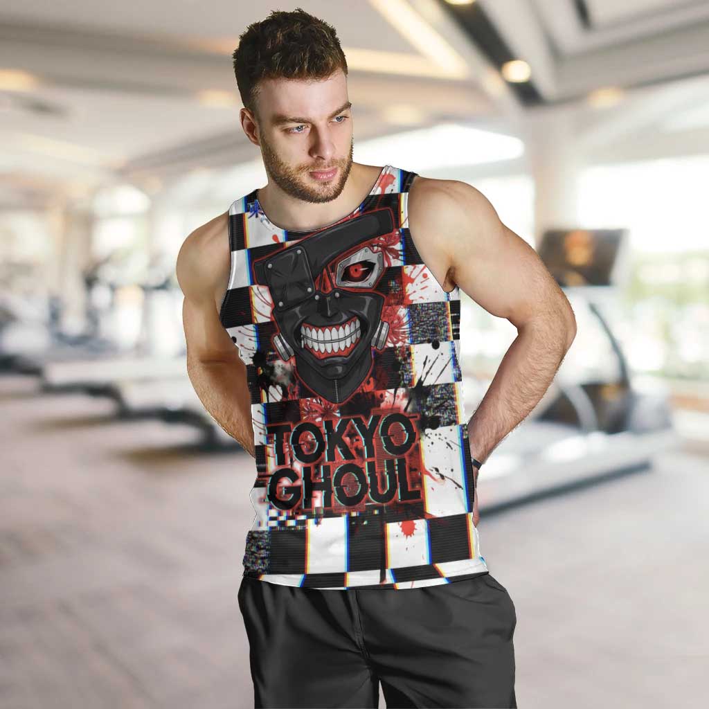 Tokyo Ghoul Kaneki Ken Men Tank Top Glitchcore Anime Style with Dark Checker Pattern