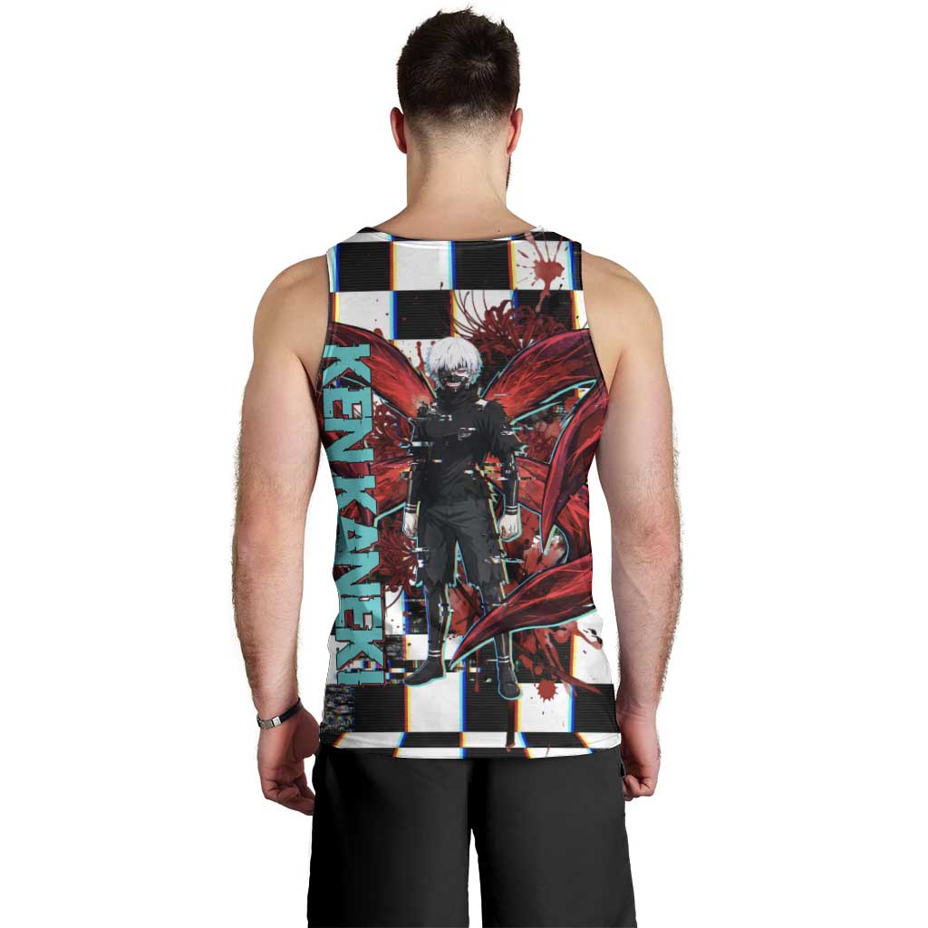 Tokyo Ghoul Kaneki Ken Men Tank Top Glitchcore Anime Style with Dark Checker Pattern