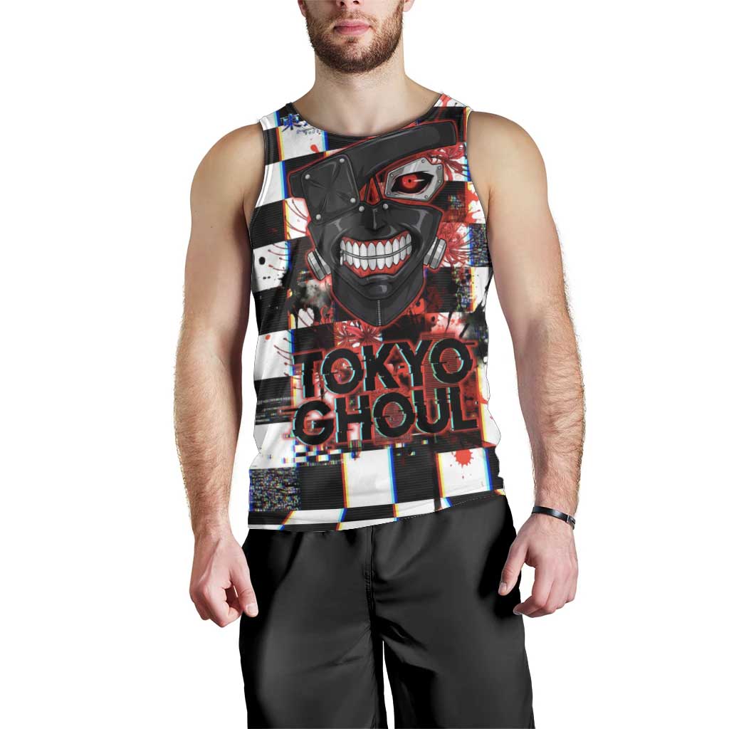 Tokyo Ghoul Kaneki Ken Men Tank Top Glitchcore Anime Style with Dark Checker Pattern