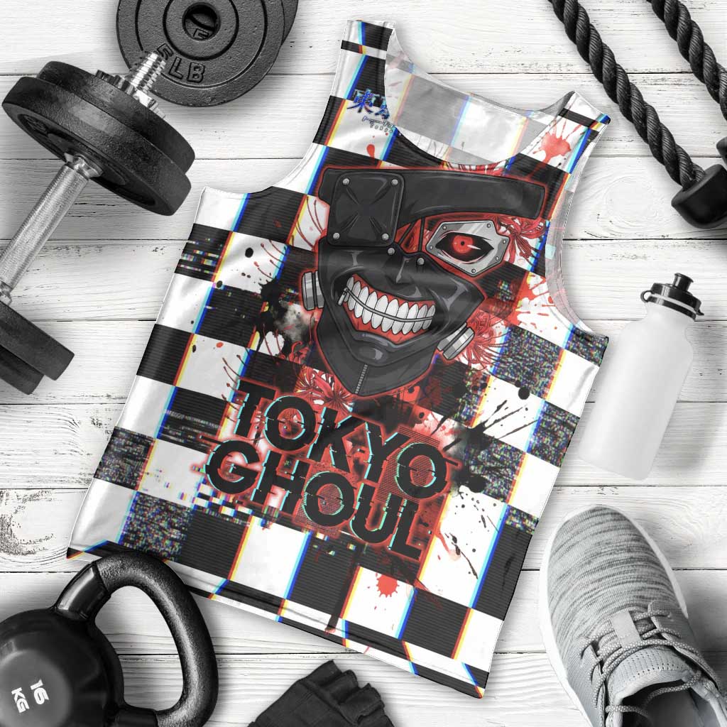 Tokyo Ghoul Kaneki Ken Men Tank Top Glitchcore Anime Style with Dark Checker Pattern