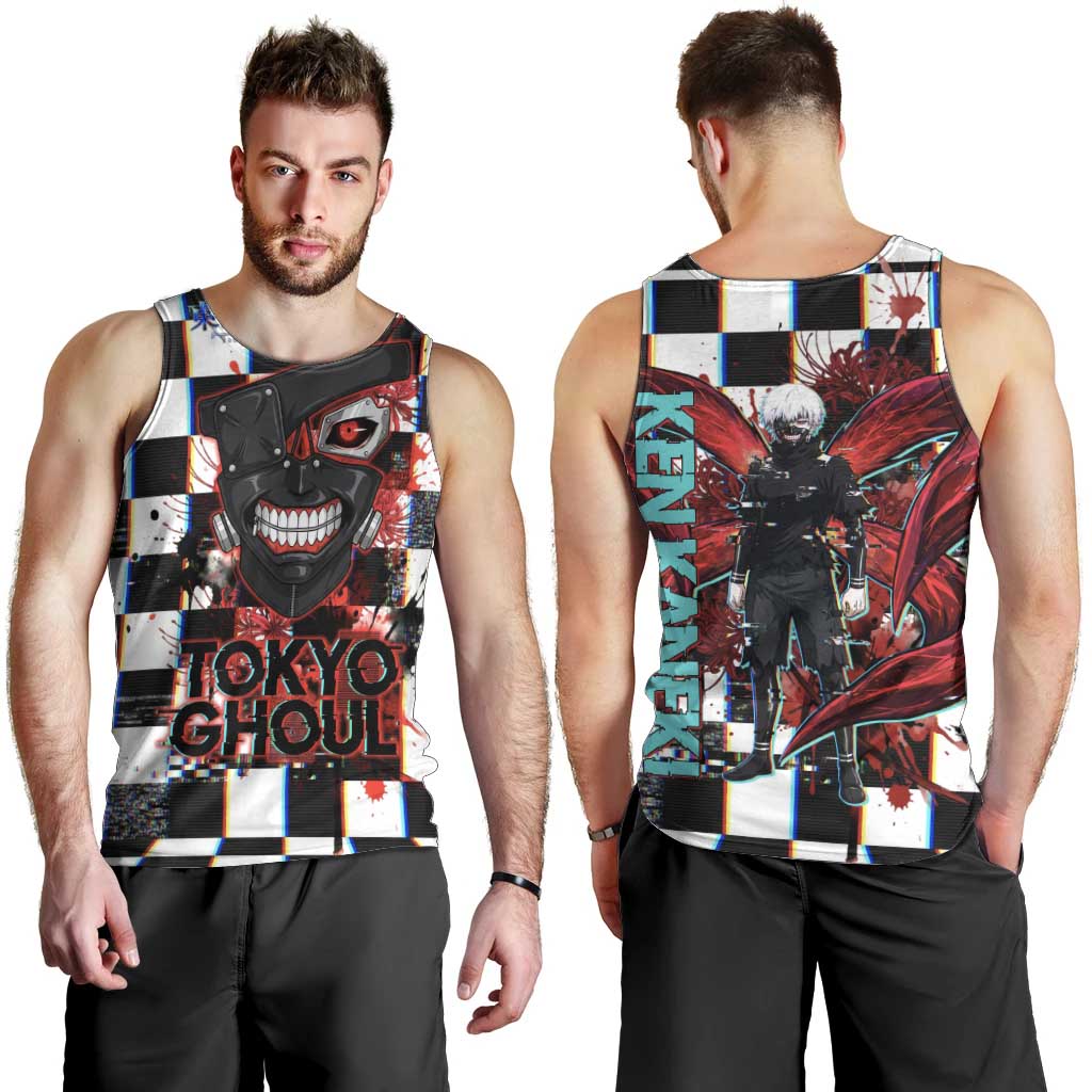 Tokyo Ghoul Kaneki Ken Men Tank Top Glitchcore Anime Style with Dark Checker Pattern
