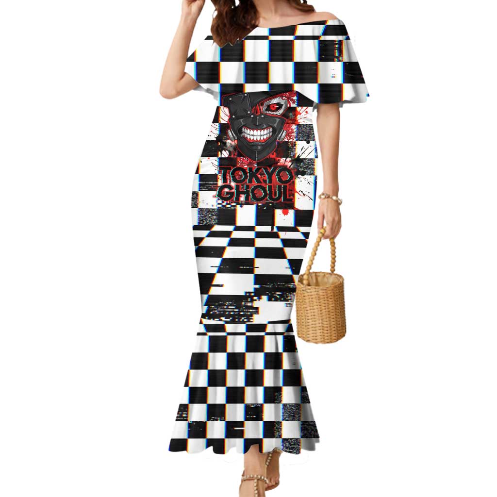 Tokyo Ghoul Kaneki Ken Mermaid Dress Glitchcore Anime Style with Dark Checker Pattern