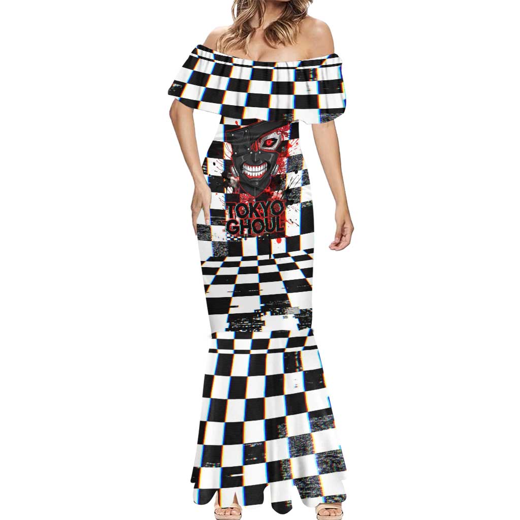 Tokyo Ghoul Kaneki Ken Mermaid Dress Glitchcore Anime Style with Dark Checker Pattern