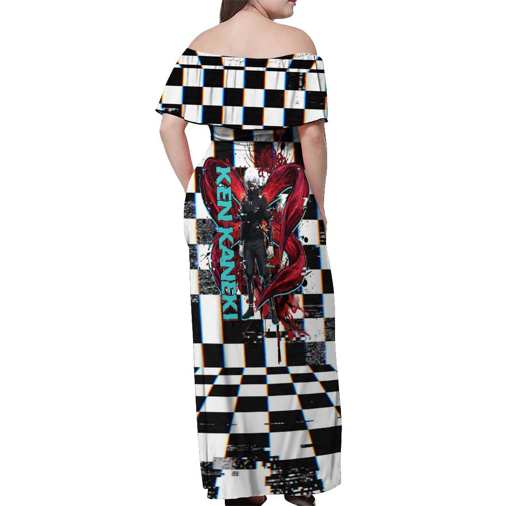 Tokyo Ghoul Kaneki Ken Off Shoulder Maxi Dress Glitchcore Anime Style with Dark Checker Pattern