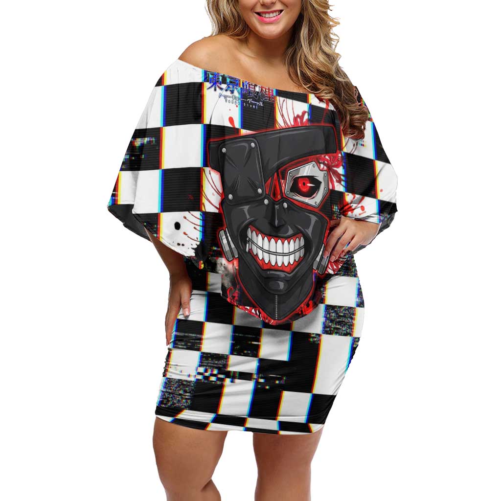 Tokyo Ghoul Kaneki Ken Off Shoulder Short Dress Glitchcore Anime Style with Dark Checker Pattern