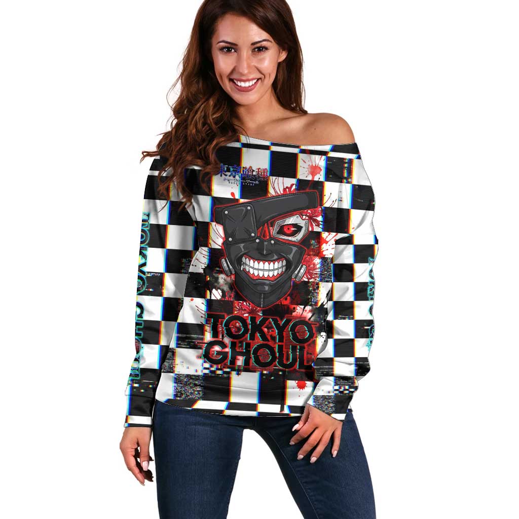 Tokyo Ghoul Kaneki Ken Off Shoulder Sweater Glitchcore Anime Style with Dark Checker Pattern