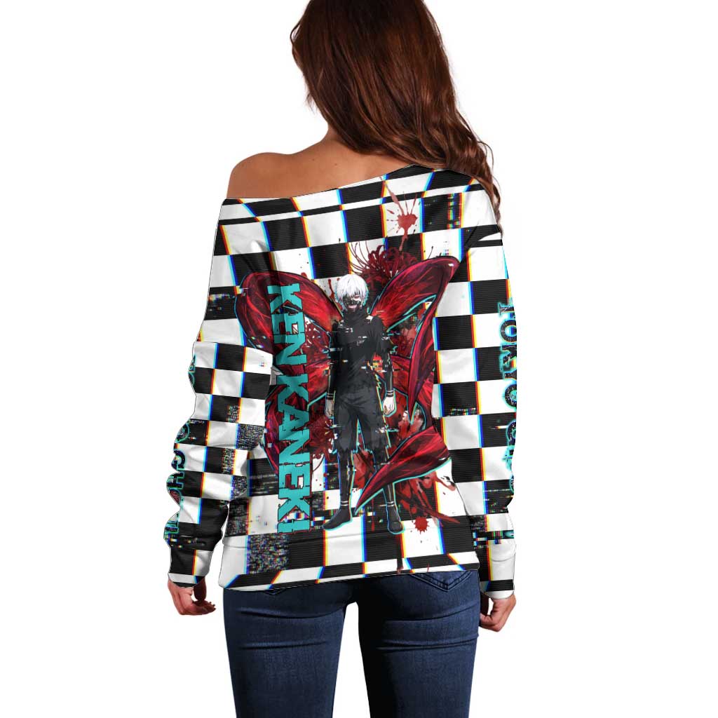 Tokyo Ghoul Kaneki Ken Off Shoulder Sweater Glitchcore Anime Style with Dark Checker Pattern