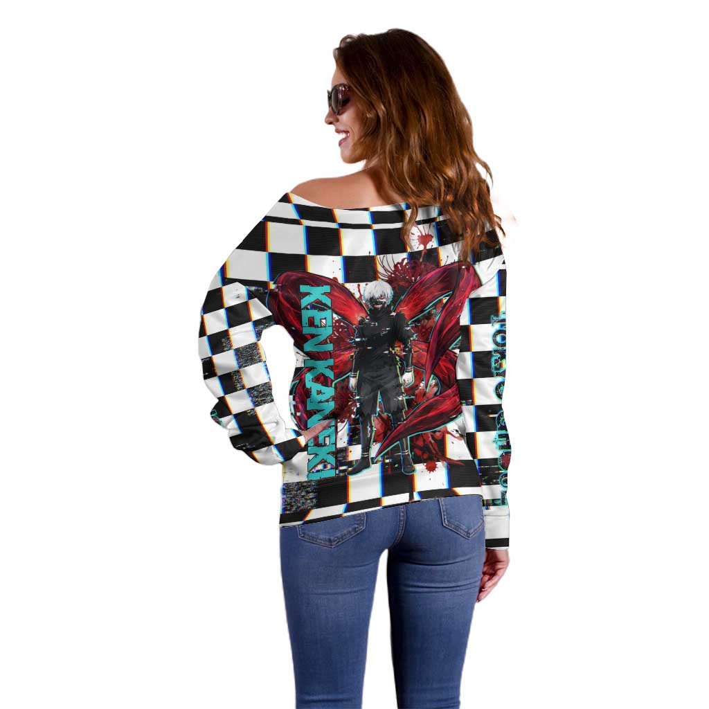 Tokyo Ghoul Kaneki Ken Off Shoulder Sweater Glitchcore Anime Style with Dark Checker Pattern