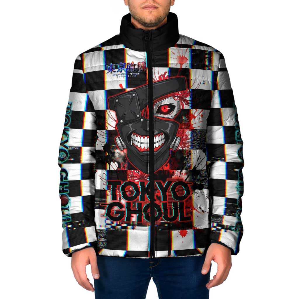 Tokyo Ghoul Kaneki Ken Padded Jacket Glitchcore Anime Style with Dark Checker Pattern