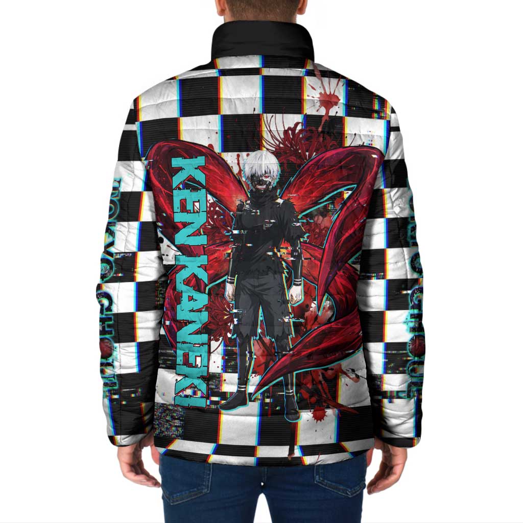 Tokyo Ghoul Kaneki Ken Padded Jacket Glitchcore Anime Style with Dark Checker Pattern