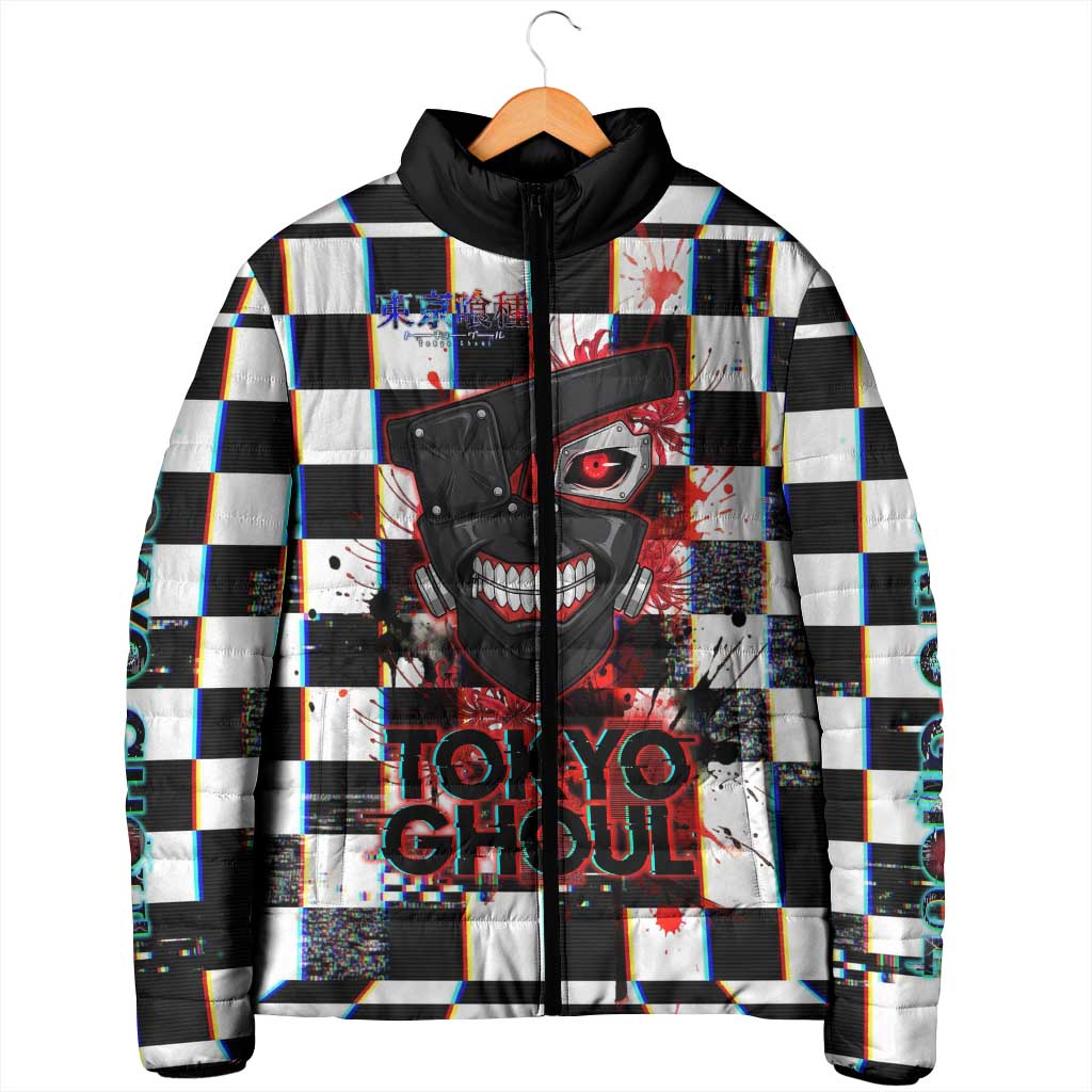 Tokyo Ghoul Kaneki Ken Padded Jacket Glitchcore Anime Style with Dark Checker Pattern