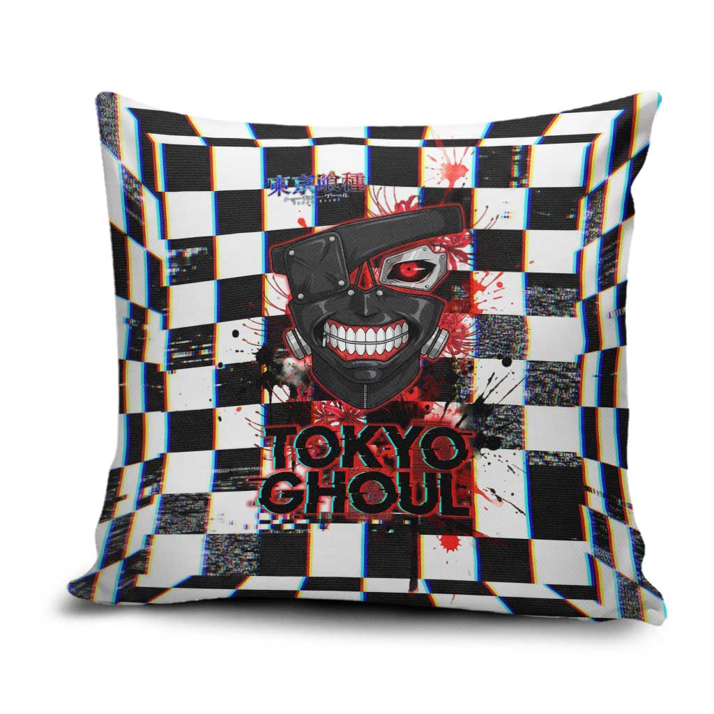 Tokyo Ghoul Kaneki Ken Pillow Cover Glitchcore Anime Style with Dark Checker Pattern