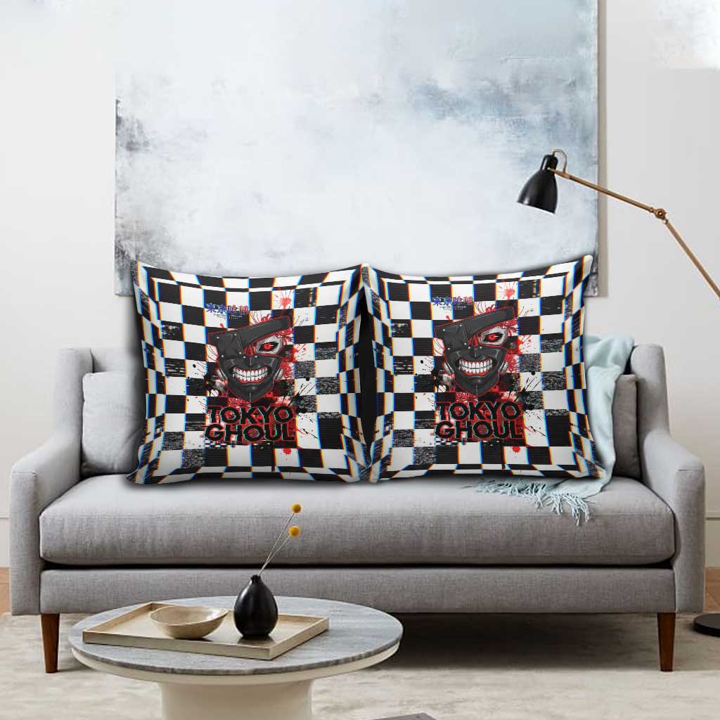 Tokyo Ghoul Kaneki Ken Pillow Cover Glitchcore Anime Style with Dark Checker Pattern