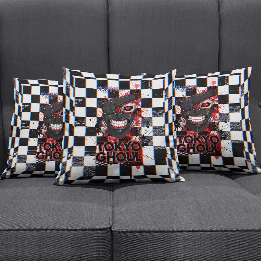 Tokyo Ghoul Kaneki Ken Pillow Cover Glitchcore Anime Style with Dark Checker Pattern