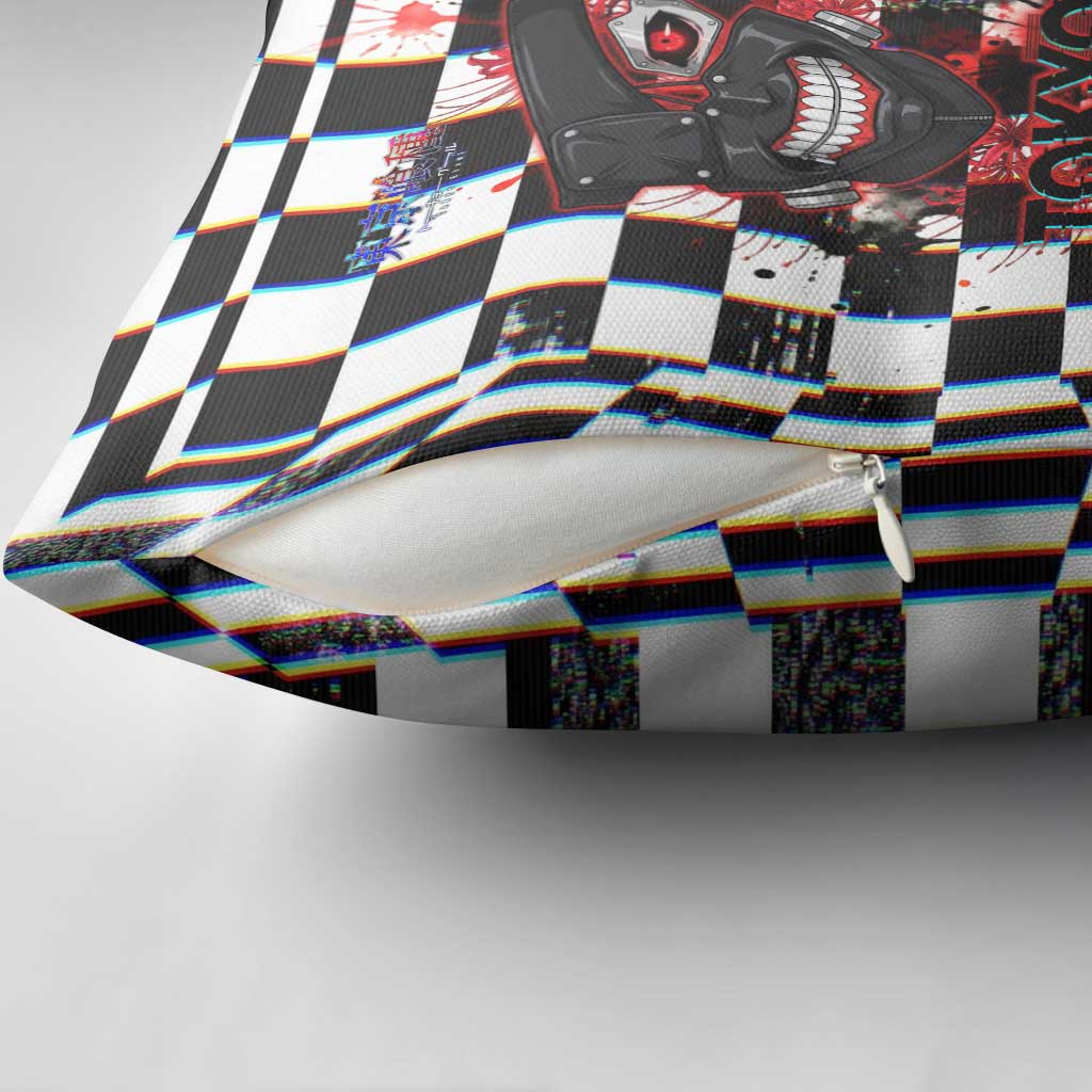 Tokyo Ghoul Kaneki Ken Pillow Cover Glitchcore Anime Style with Dark Checker Pattern