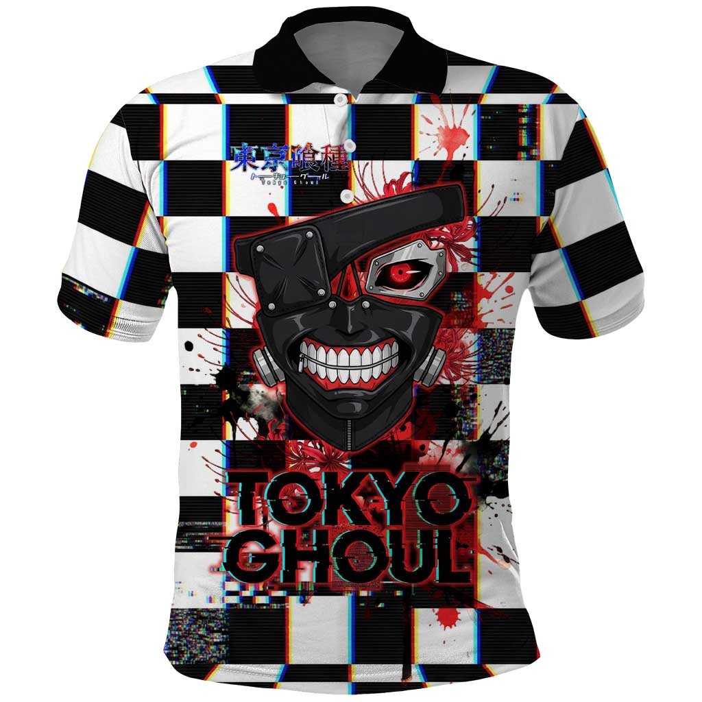 Tokyo Ghoul Kaneki Ken Polo Shirt Glitchcore Anime Style with Dark Checker Pattern