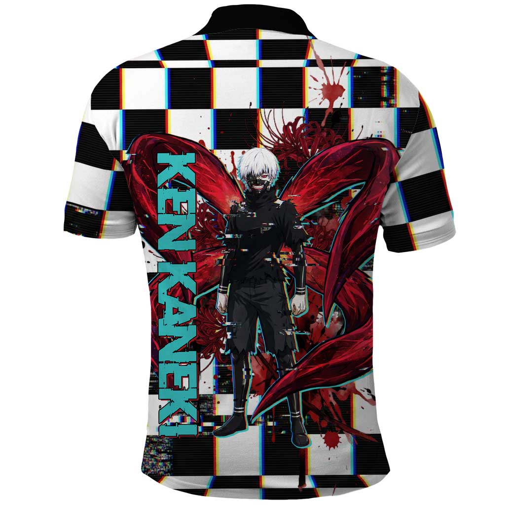 Tokyo Ghoul Kaneki Ken Polo Shirt Glitchcore Anime Style with Dark Checker Pattern