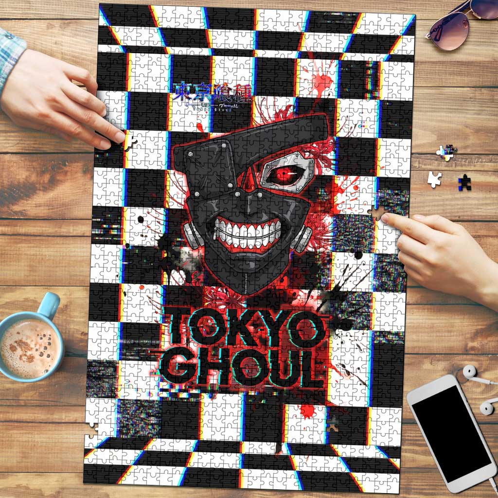 Tokyo Ghoul Kaneki Ken Puzzle Glitchcore Anime Style with Dark Checker Pattern