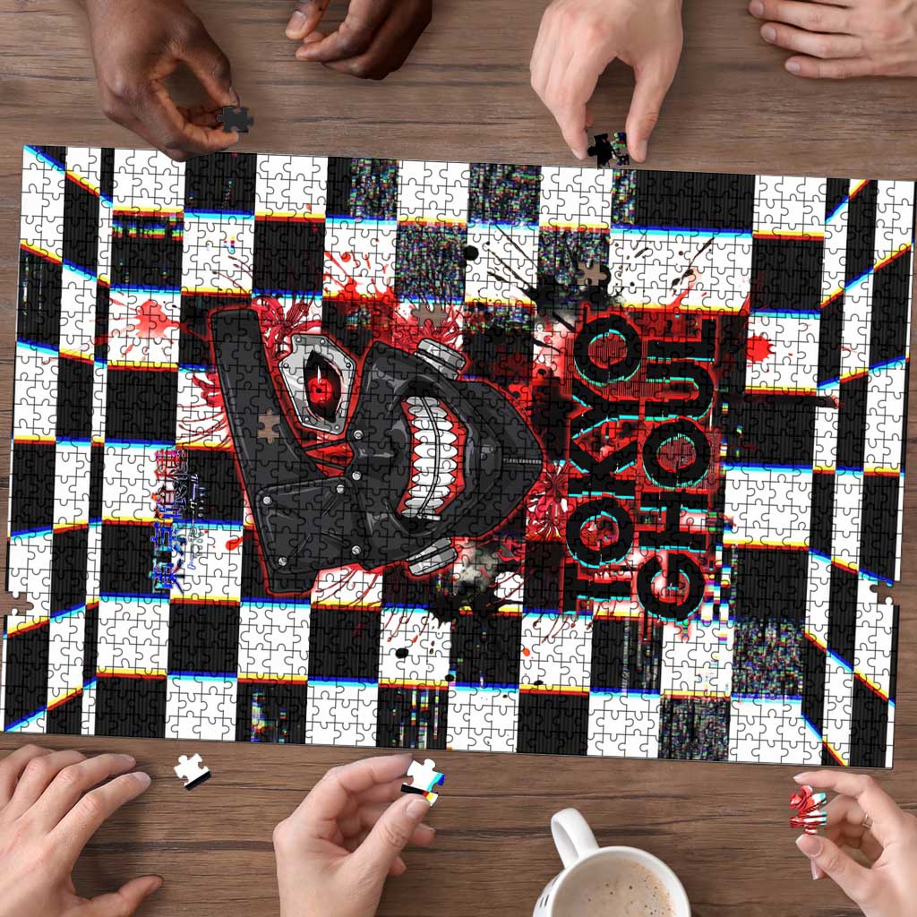 Tokyo Ghoul Kaneki Ken Puzzle Glitchcore Anime Style with Dark Checker Pattern