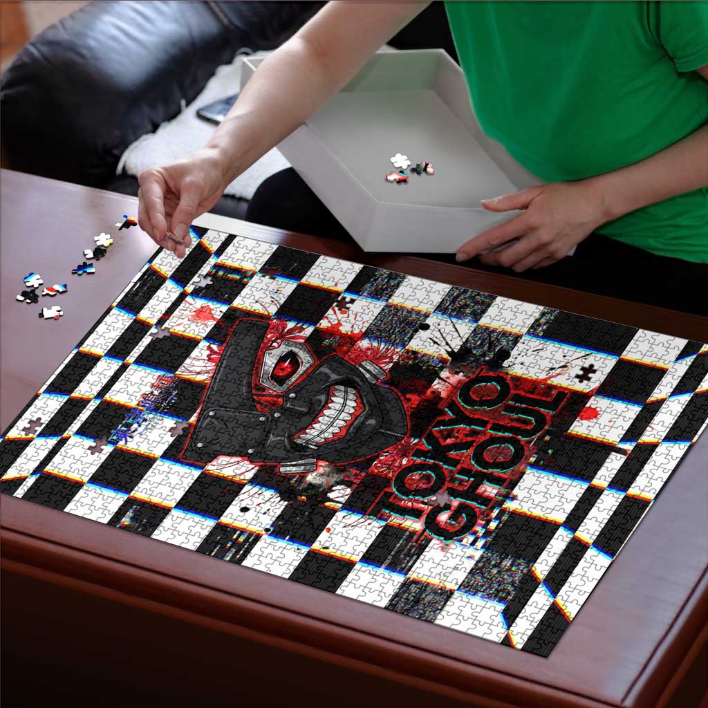 Tokyo Ghoul Kaneki Ken Puzzle Glitchcore Anime Style with Dark Checker Pattern