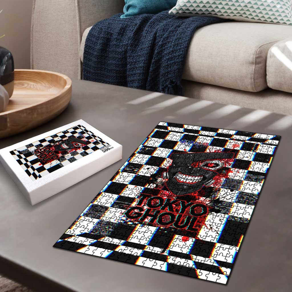 Tokyo Ghoul Kaneki Ken Puzzle Glitchcore Anime Style with Dark Checker Pattern