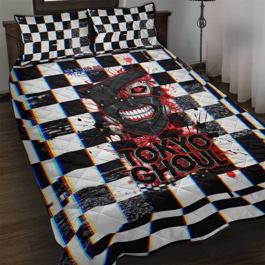 Tokyo Ghoul Kaneki Ken Quilt Bed Set Glitchcore Anime Style with Dark Checker Pattern