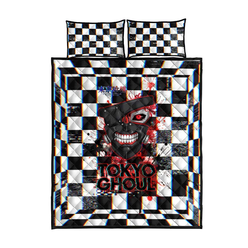 Tokyo Ghoul Kaneki Ken Quilt Bed Set Glitchcore Anime Style with Dark Checker Pattern