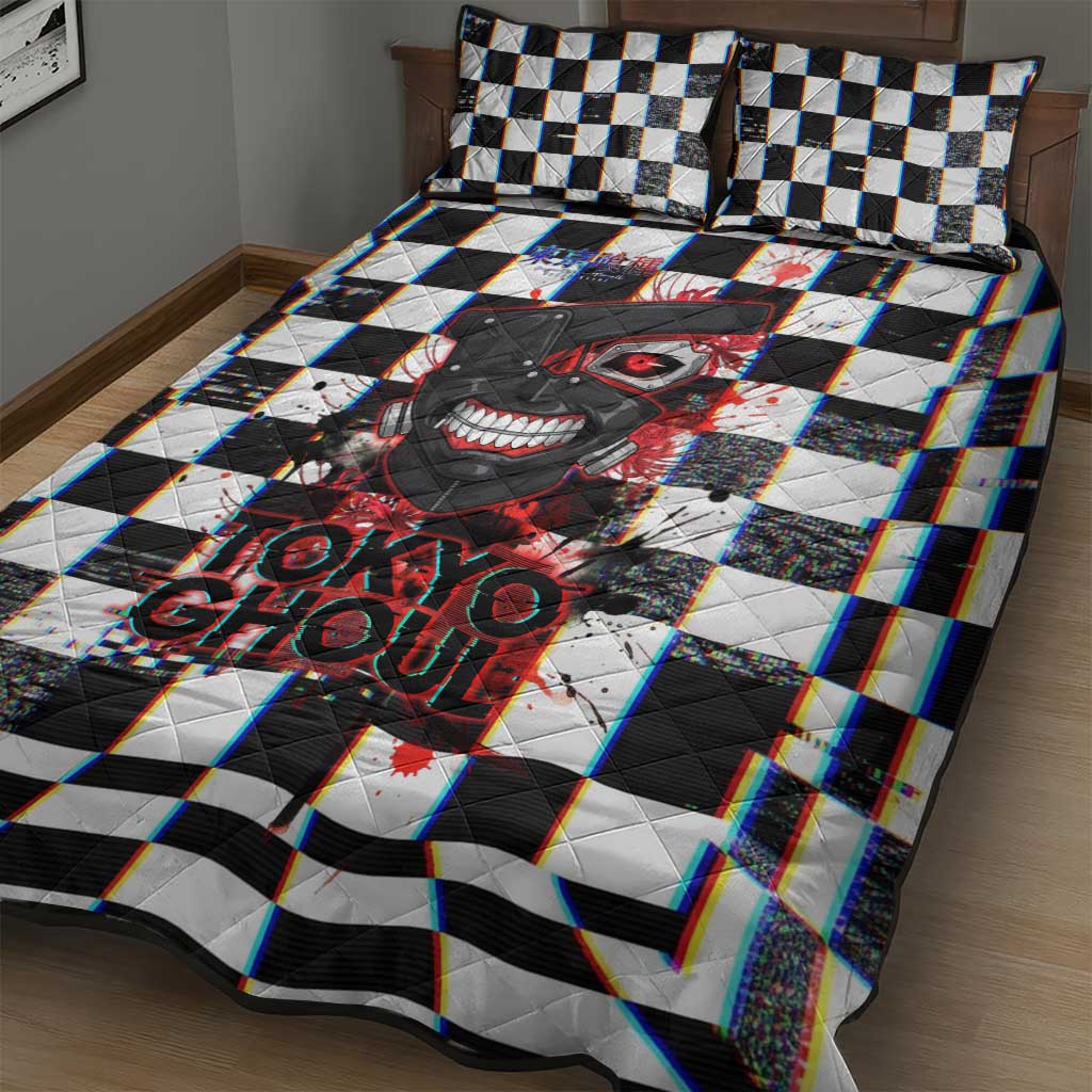 Tokyo Ghoul Kaneki Ken Quilt Bed Set Glitchcore Anime Style with Dark Checker Pattern