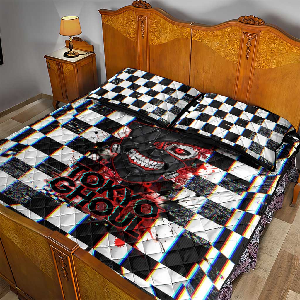 Tokyo Ghoul Kaneki Ken Quilt Bed Set Glitchcore Anime Style with Dark Checker Pattern