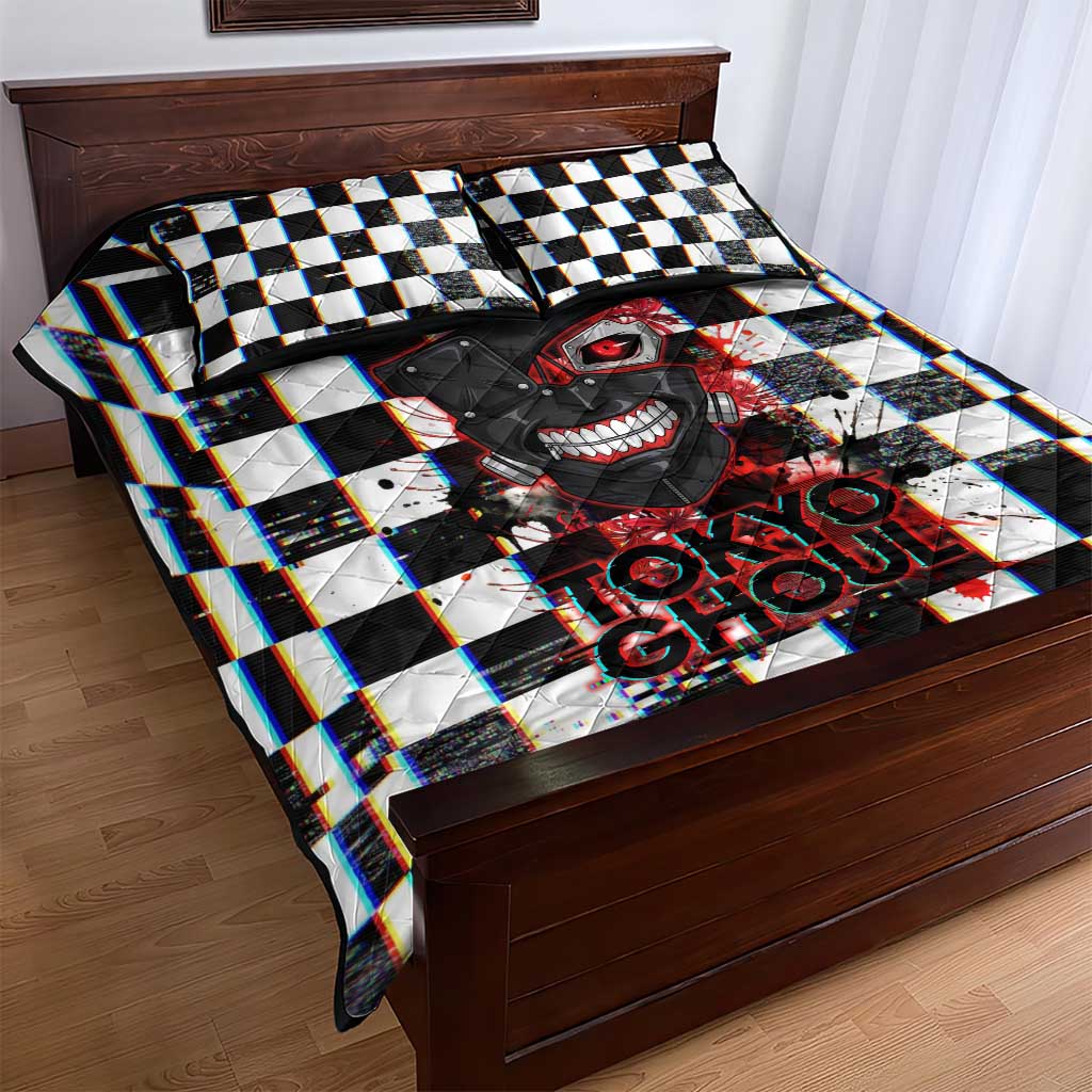 Tokyo Ghoul Kaneki Ken Quilt Bed Set Glitchcore Anime Style with Dark Checker Pattern