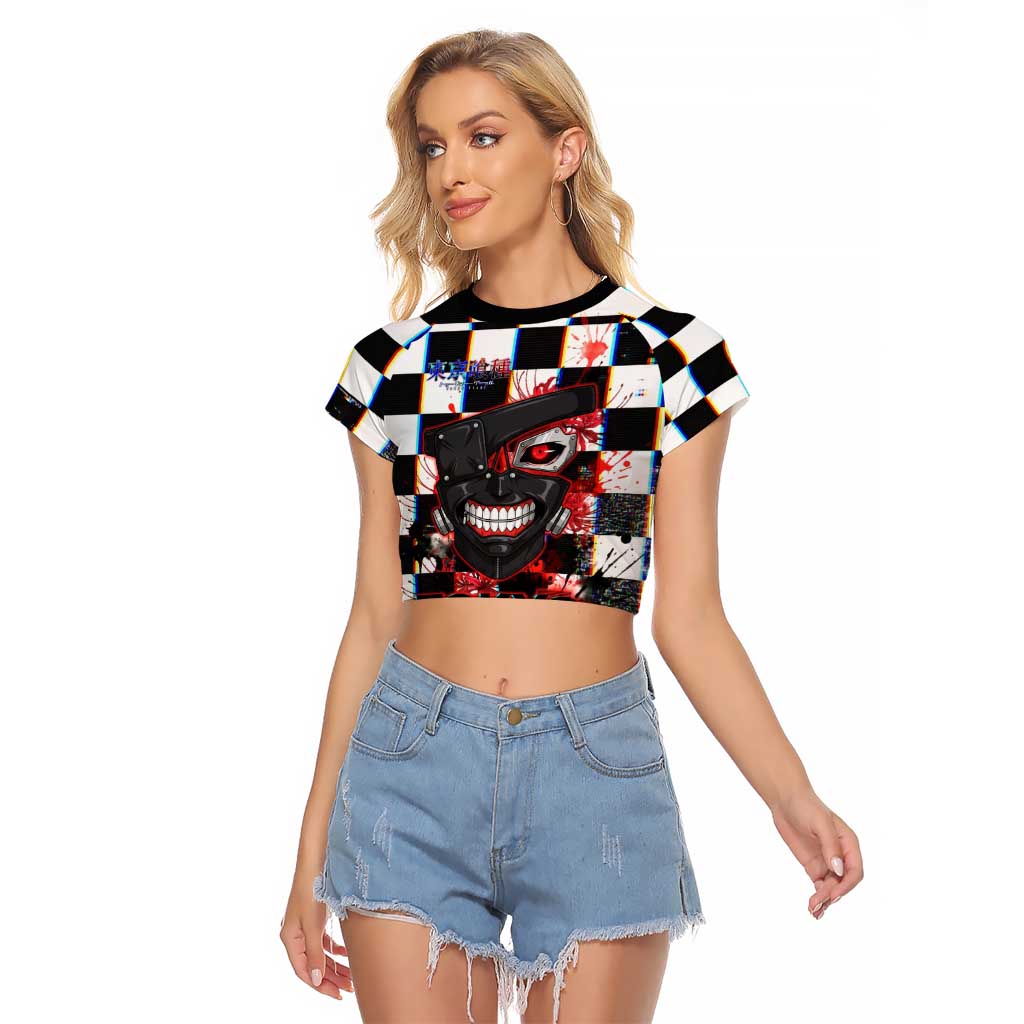 Tokyo Ghoul Kaneki Ken Raglan Cropped T Shirt Glitchcore Anime Style with Dark Checker Pattern