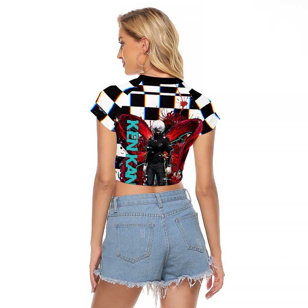 Tokyo Ghoul Kaneki Ken Raglan Cropped T Shirt Glitchcore Anime Style with Dark Checker Pattern