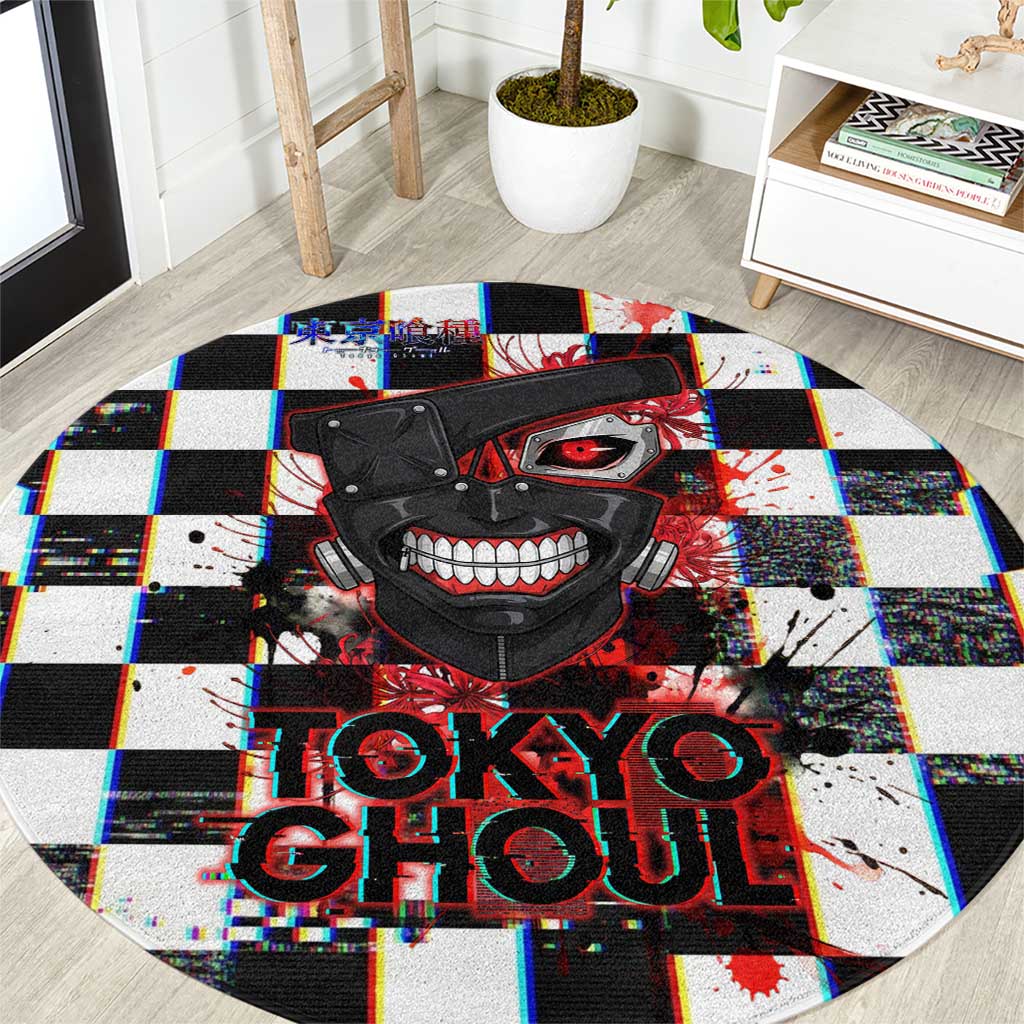 Tokyo Ghoul Kaneki Ken Round Carpet Glitchcore Anime Style with Dark Checker Pattern