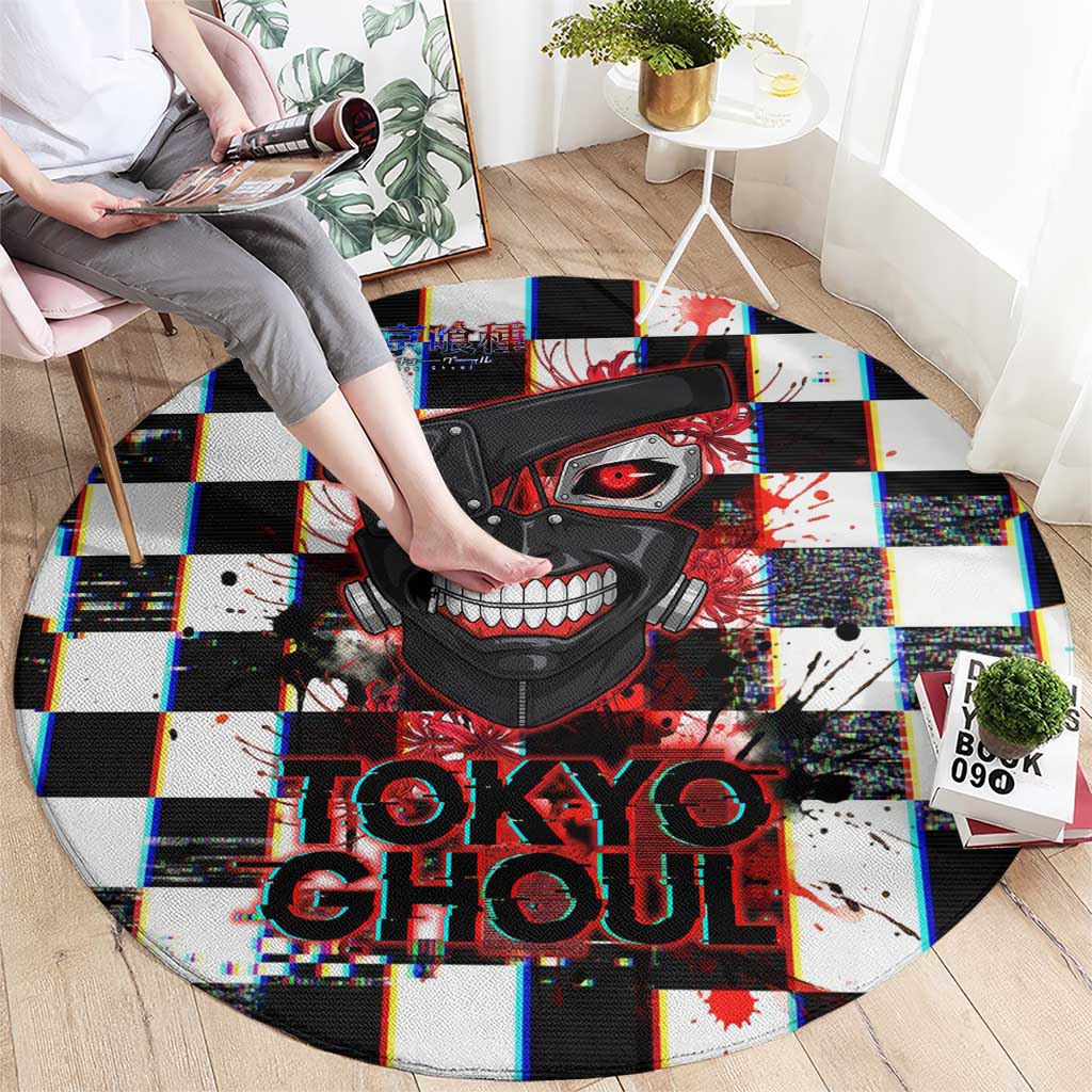 Tokyo Ghoul Kaneki Ken Round Carpet Glitchcore Anime Style with Dark Checker Pattern