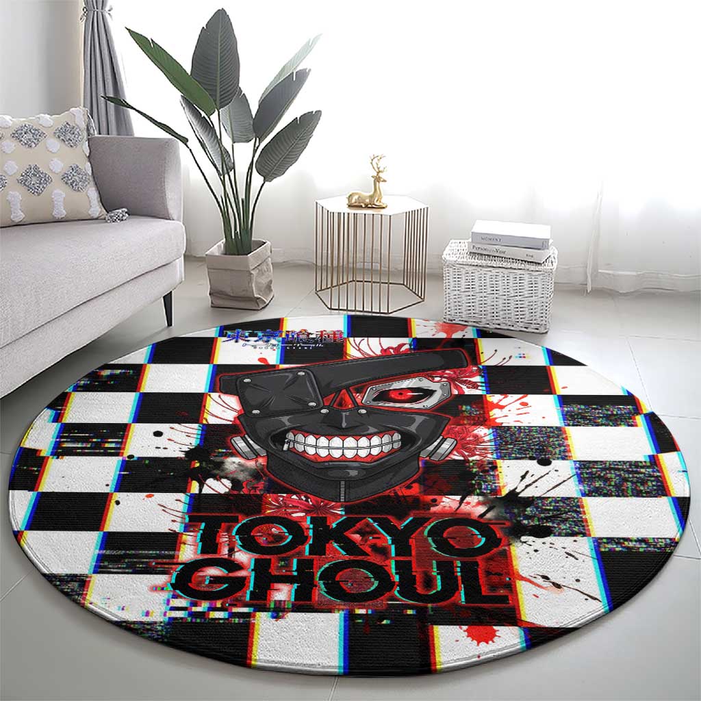 Tokyo Ghoul Kaneki Ken Round Carpet Glitchcore Anime Style with Dark Checker Pattern