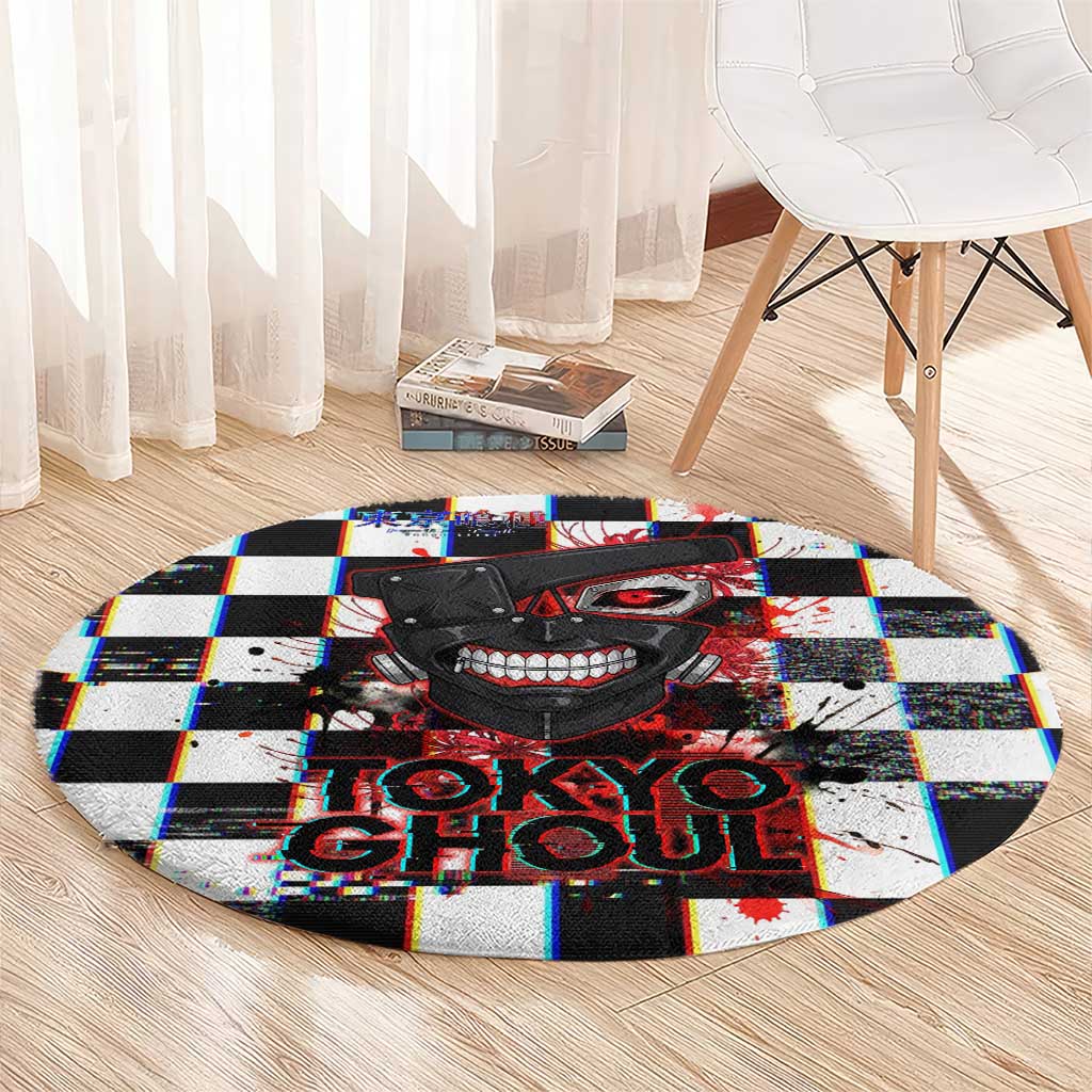 Tokyo Ghoul Kaneki Ken Round Carpet Glitchcore Anime Style with Dark Checker Pattern