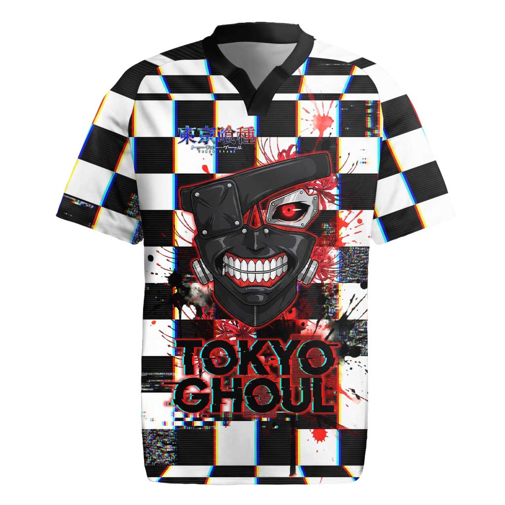 Tokyo Ghoul Kaneki Ken Rugby Jersey Glitchcore Anime Style with Dark Checker Pattern