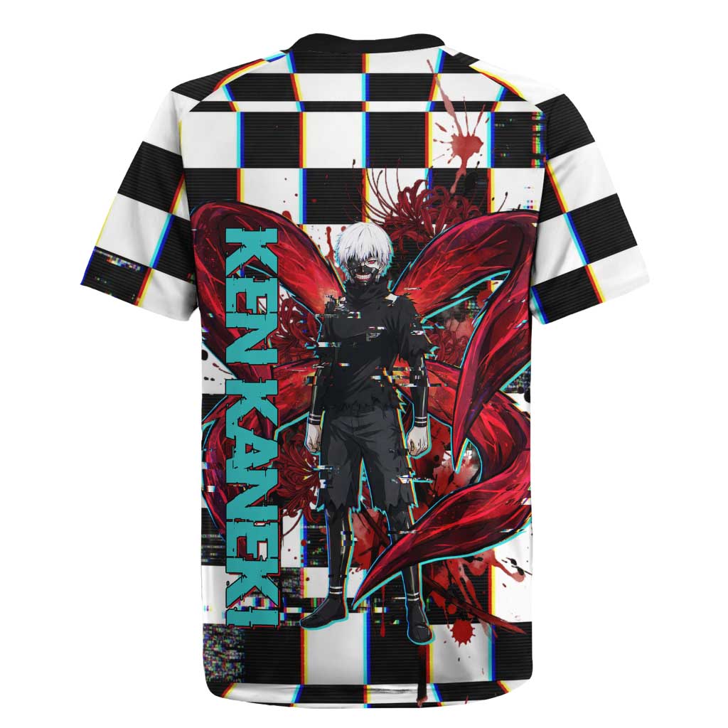 Tokyo Ghoul Kaneki Ken Rugby Jersey Glitchcore Anime Style with Dark Checker Pattern