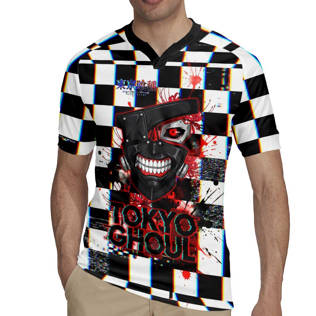 Tokyo Ghoul Kaneki Ken Rugby Jersey Glitchcore Anime Style with Dark Checker Pattern
