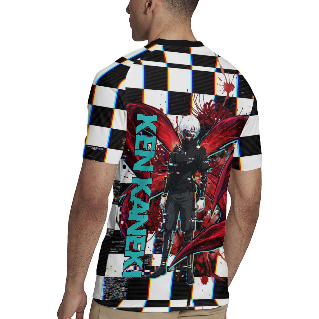 Tokyo Ghoul Kaneki Ken Rugby Jersey Glitchcore Anime Style with Dark Checker Pattern