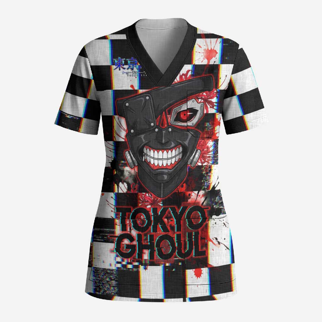 Tokyo Ghoul Kaneki Ken Scrub Top Glitchcore Anime Style with Dark Checker Pattern